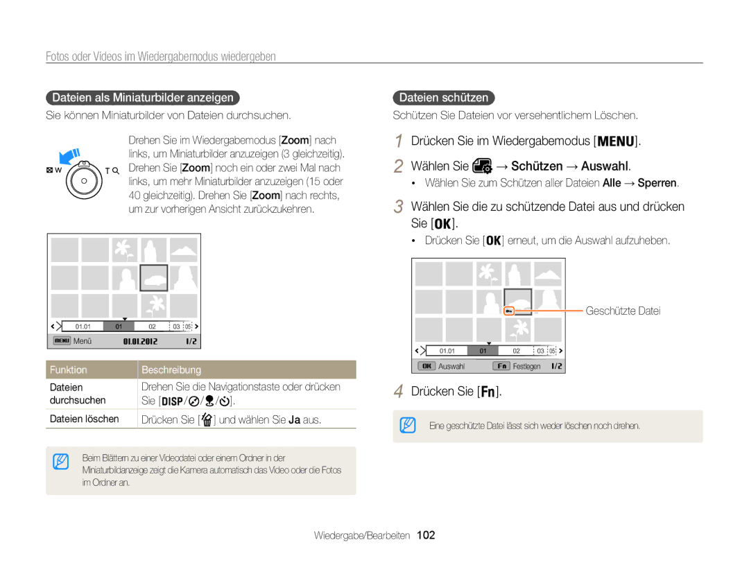 Samsung WB855F Wählen Sie die zu schützende Datei aus und drücken, Dateien als Miniaturbilder anzeigen , Dateien schützen  